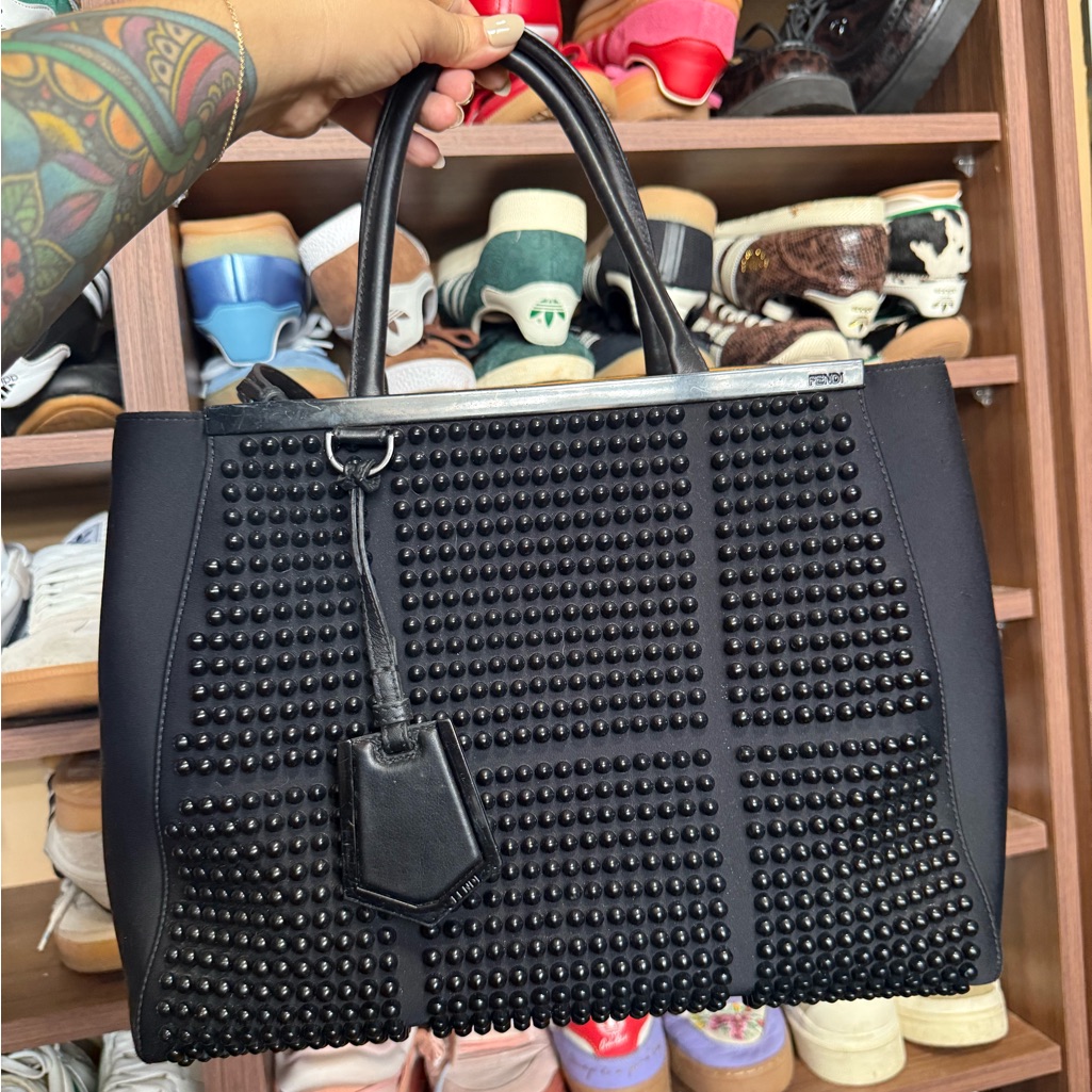 Fendi Black Neoprene And Leather Black Studded Medium 2jours Tote Handbag